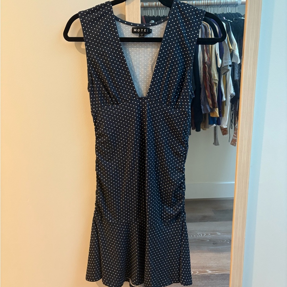 Motel Rocks Luscian Plunge Mini Dress In Micro Polka Navy
